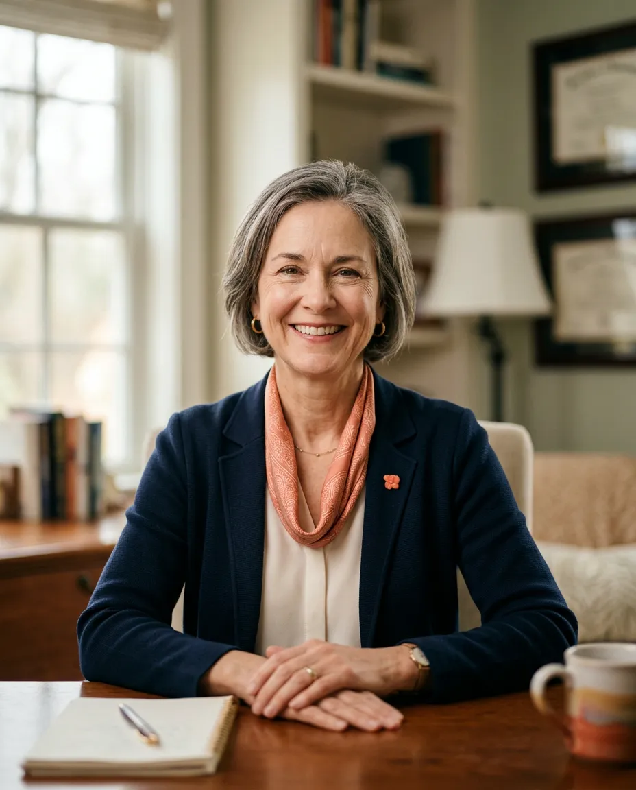 Friendly experienced Medicare career mentor smiling in a natural office setting