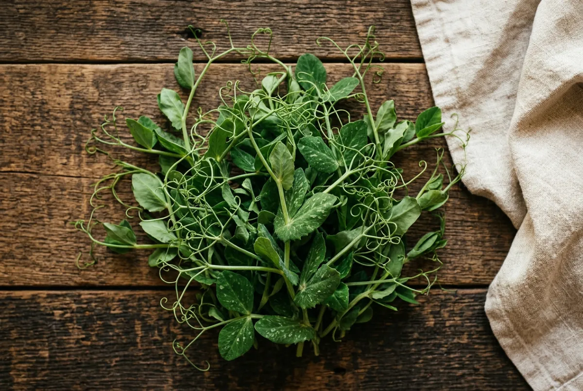 Sweet Speckled Pea Shoots with curly tendrils