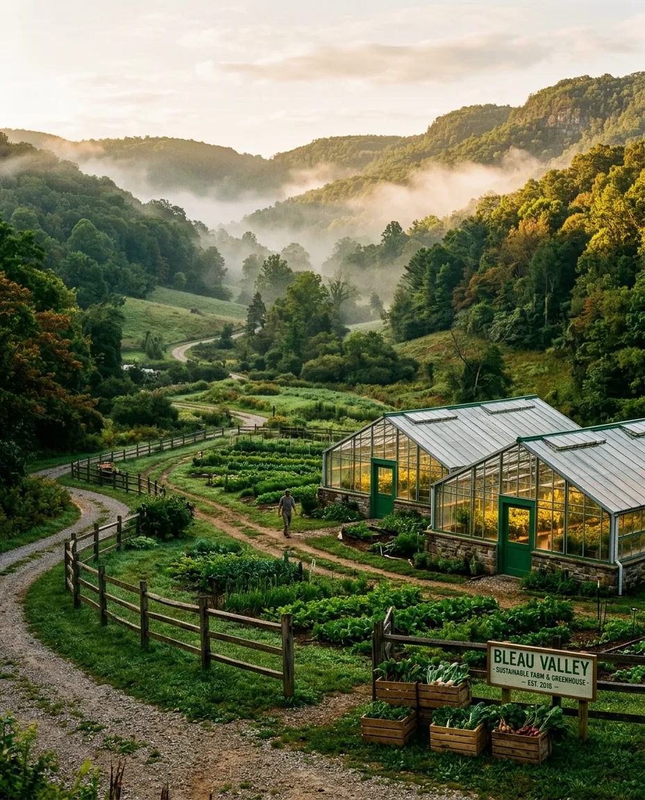 Sunlit rural Ozark mountain valley and sustainable greenhouse at Bleau Valley farm in Madison County
