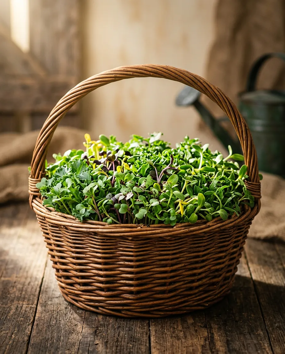 A wooden harvest bowl filled with freshly picked organic microgreens under gentle morning sunlight