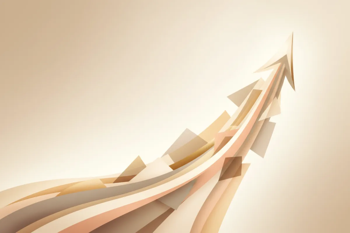 Ilustración abstracta digital que representa el crecimiento financiero, con formas geométricas cálidas y líneas ascendentes en tonos neutros. El fondo es suave y sin detalles, transmitiendo energía y optimismo. No aparecen personas ni objetos reconocibles, solo elementos artísticos que sugieren progreso y expansión.