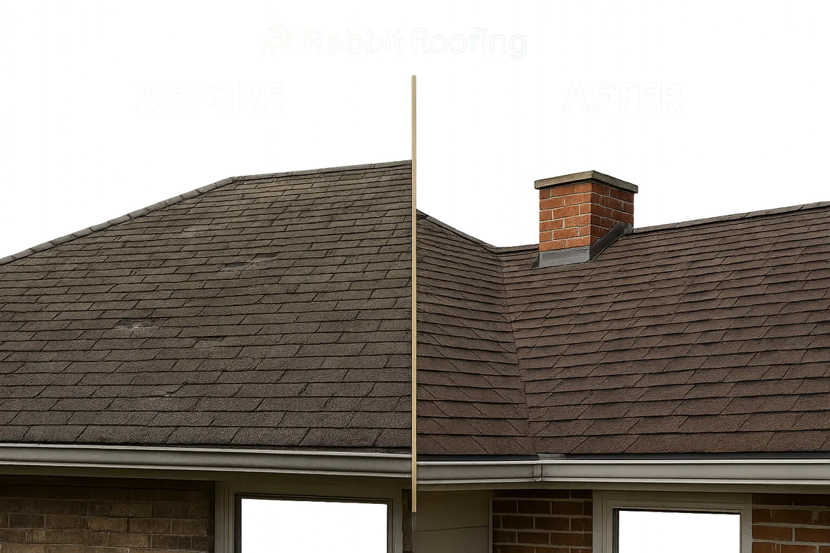 Roofing Before and After Reveal composite: storm battered torn shingles on left side versus pristine hurricane-grade standing seam roof installation on right side