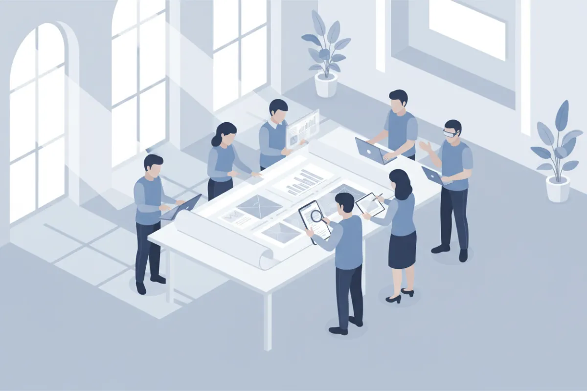 A flat illustration of a diverse group of people reading a large document together, set in a modern office with soft blue and white tones. The scene conveys clarity and collaboration, with natural light streaming in and digital devices on the table. No two individuals are interacting in the same way.