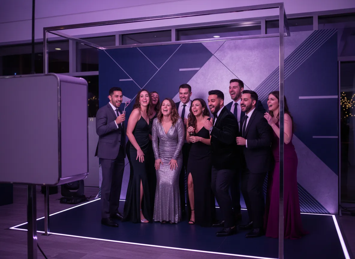 Guests posing in front of photo booth backdrop