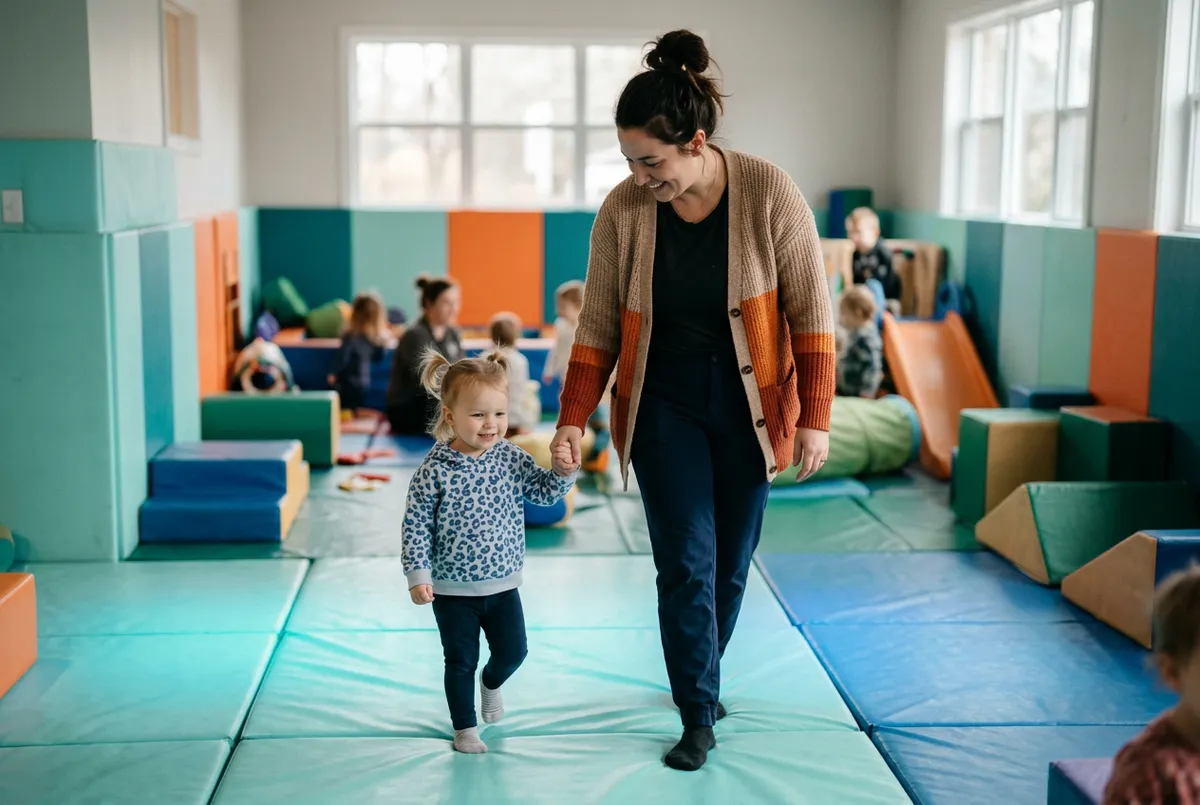 Certified teacher guiding preschool children safely during indoor active balance play