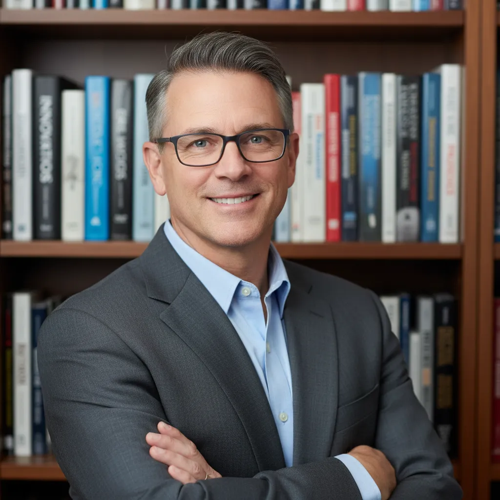 A professional portrait of the author, a middle-aged entrepreneur with glasses and a warm smile, standing in front of a bookshelf filled with business books. The background is softly blurred, focusing on the author’s approachable demeanor. 1:1 aspect ratio.