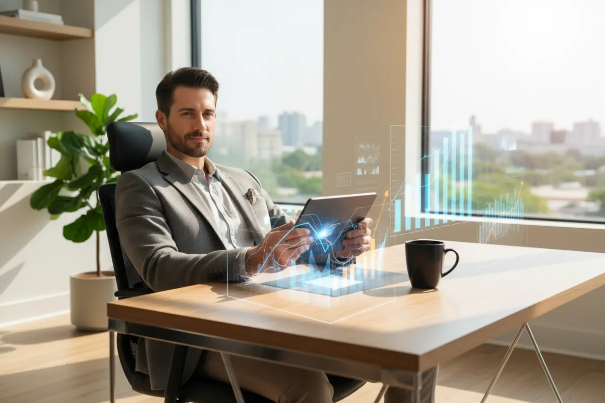 A confident entrepreneur sits at a modern desk, reviewing an open eBook on a tablet, surrounded by digital sales charts and a coffee mug. The background is a bright, contemporary home office with natural light, evoking focus and ambition. 3:2 aspect ratio.