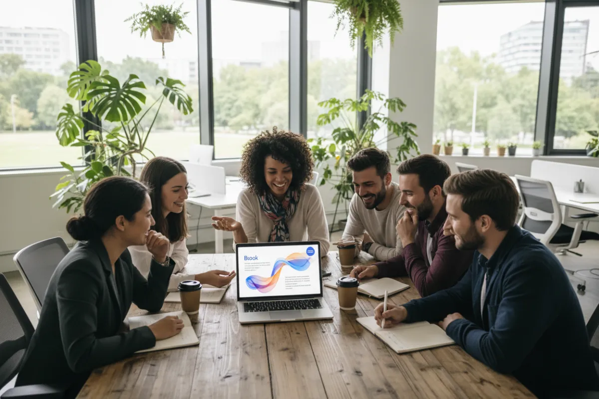 A diverse group of young professionals gather around a table, enthusiastically discussing an open eBook on a laptop. The setting is a creative co-working space with plants and large windows, suggesting collaboration and learning. 3:2 aspect ratio.
