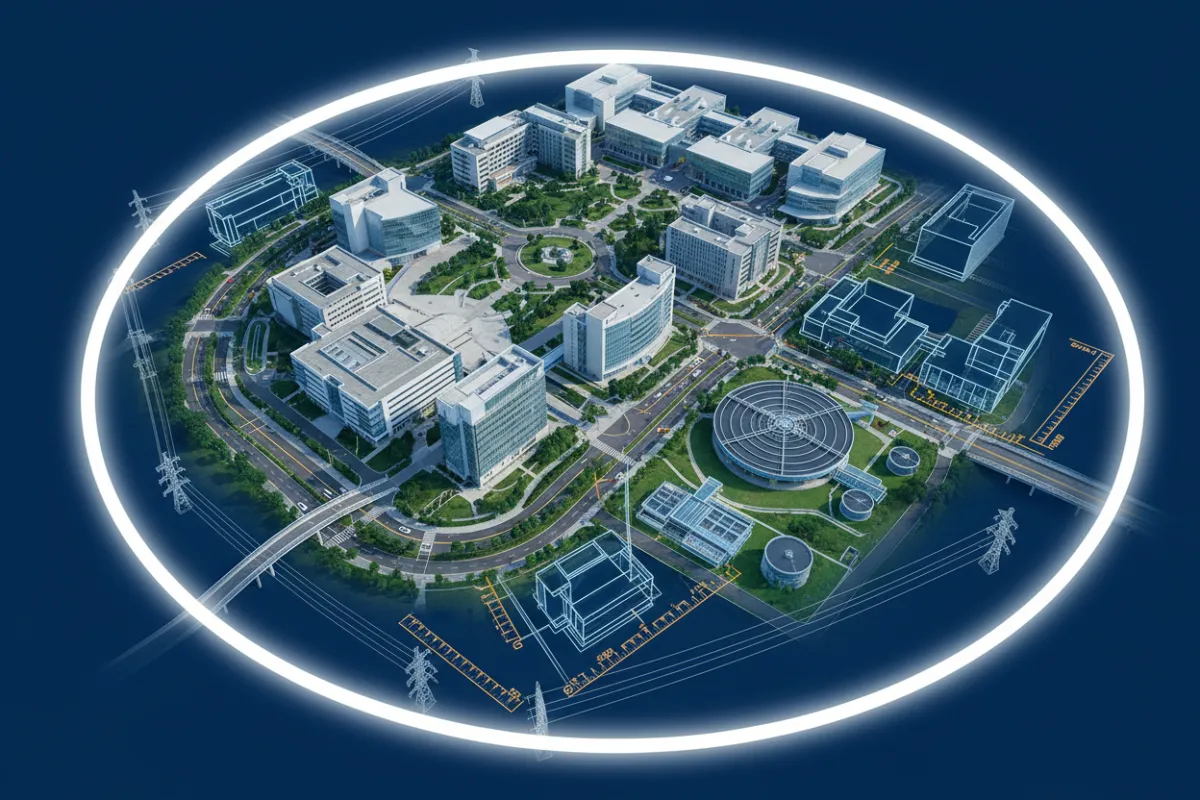 Aerial photorealistic drone view of campus infrastructure and rugged landscape with subtle engineering overlays (wireframes and measurement lines), high-resolution 3:2