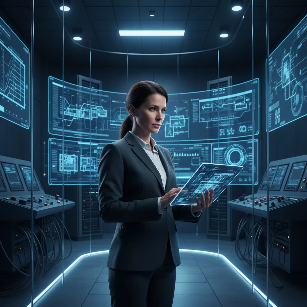 Engineering leader reviewing digital site plans on a tablet, surrounded by technical schematics, in a modern control room