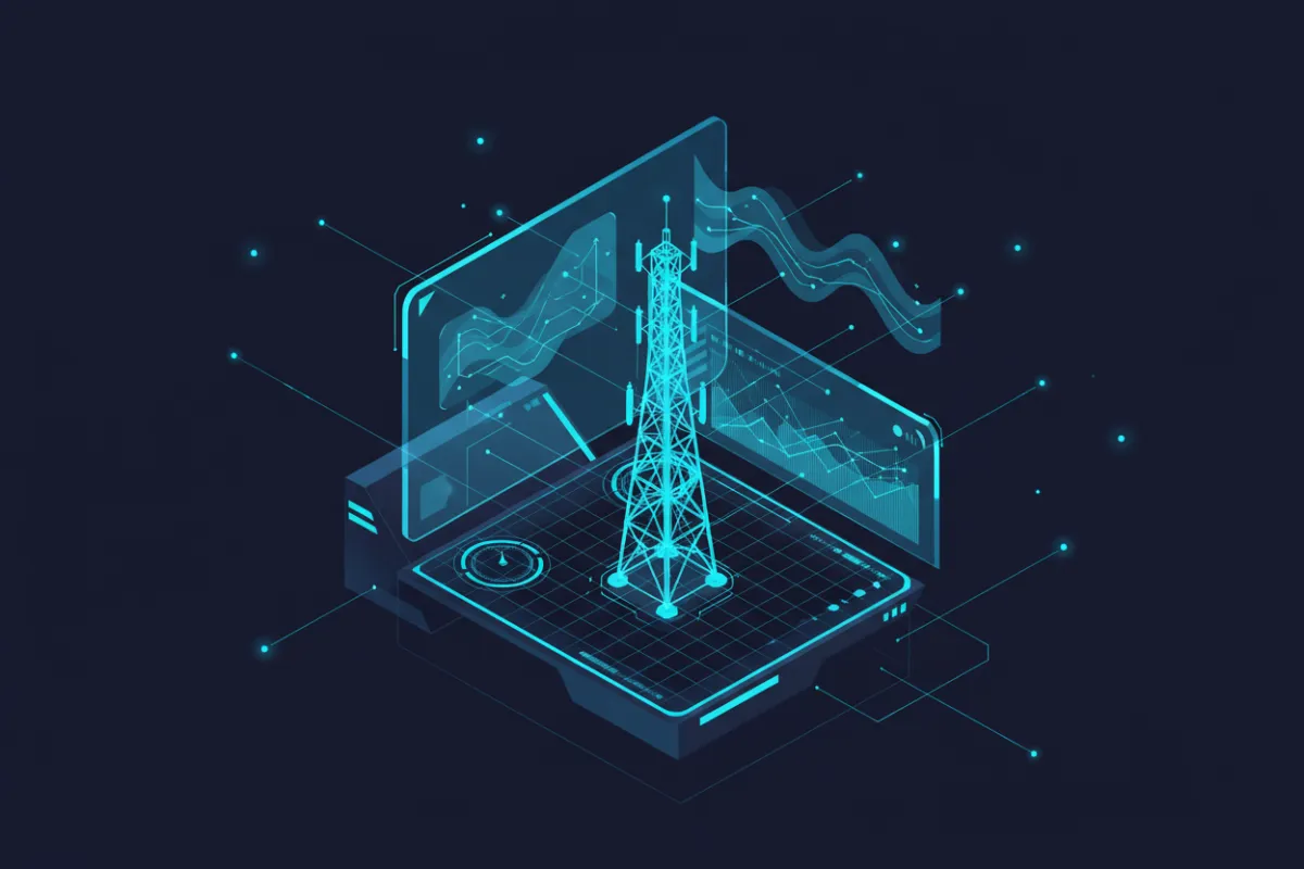 Dark futuristic vector illustration of telecom engineering validation and analytics showing an isometric workstation with holographic overlays analyzing a wireframe telecom tower