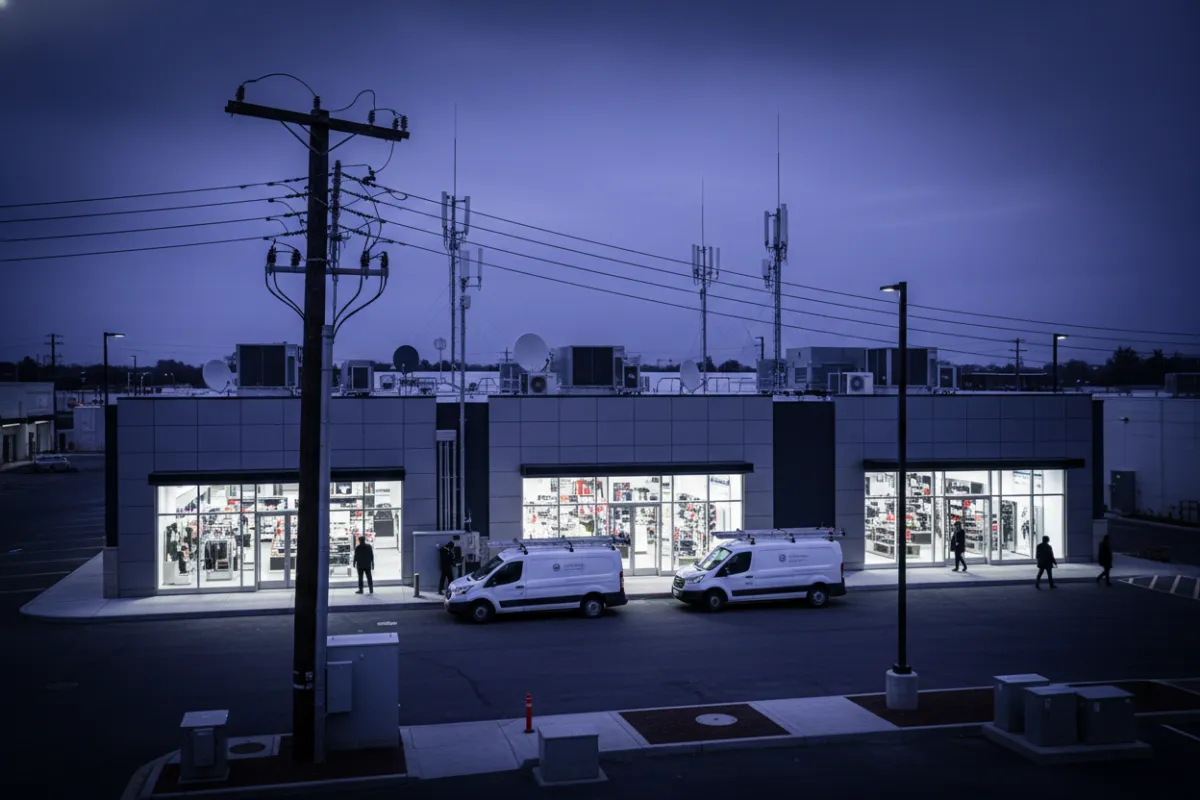 Infrastructure engineering image of multi-site retail rooftop telecom installations with measurement overlays and technical annotations, urban retail skyline background