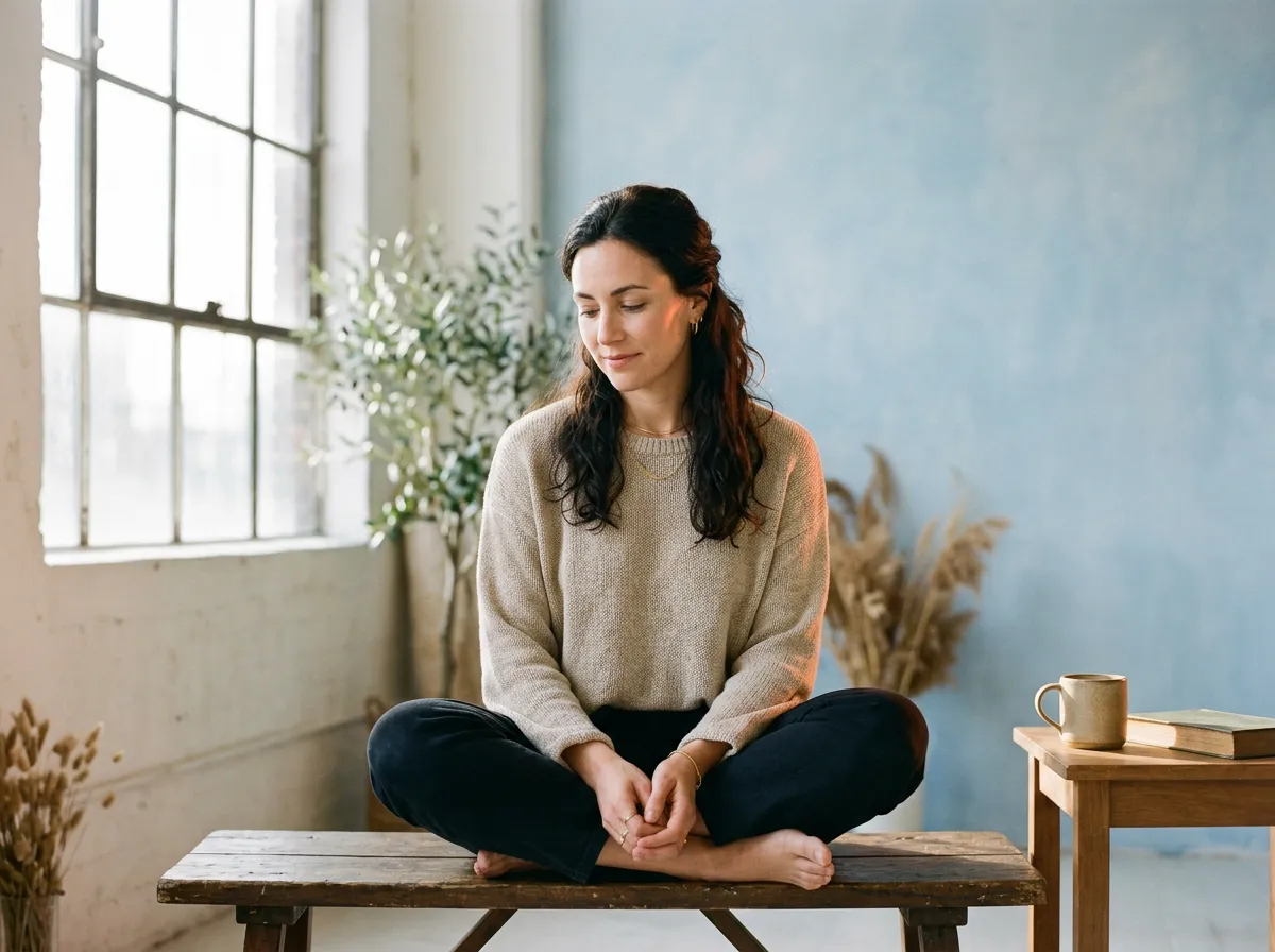 Serene woman sitting in contemplative calm by natural morning sunlight