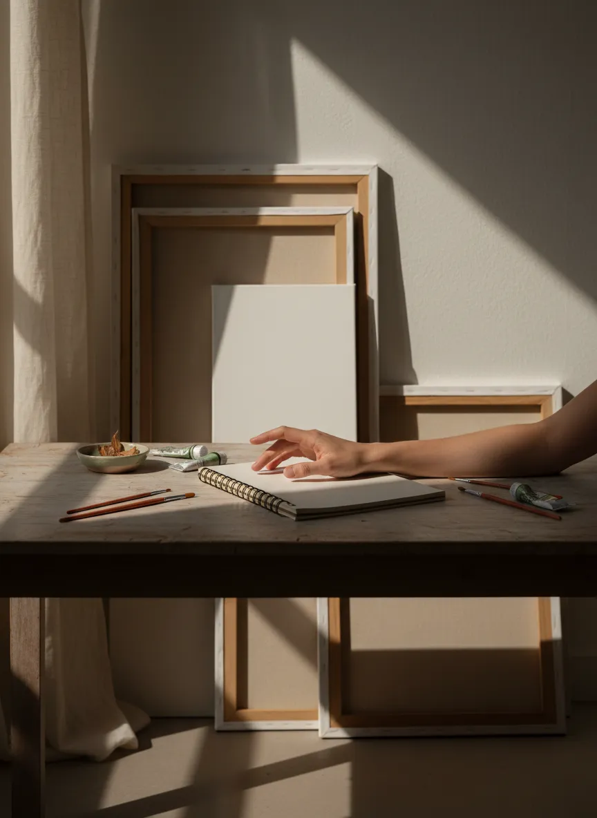 A soft-focus photograph of a resting hand in a serene, quiet studio space