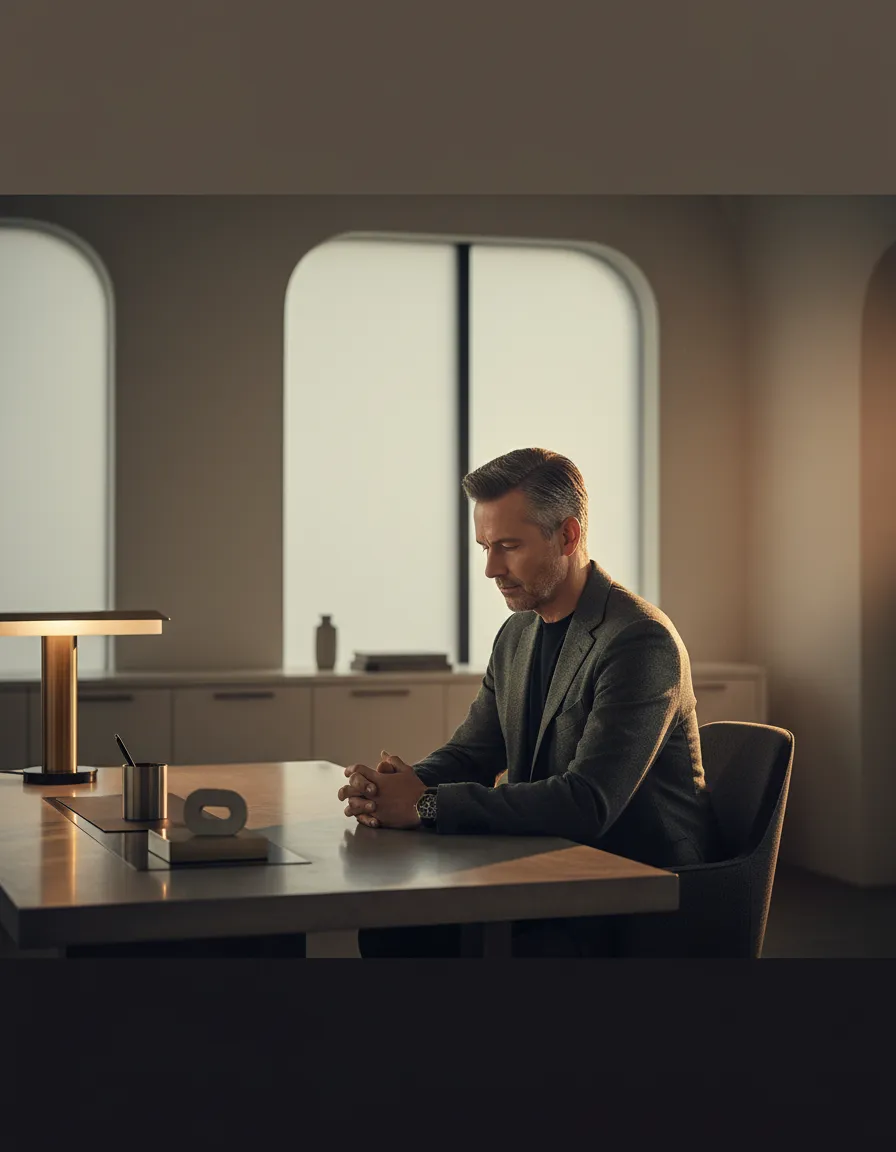 Desaturated, warm-tinted lifestyle photo of an executive deep in thought