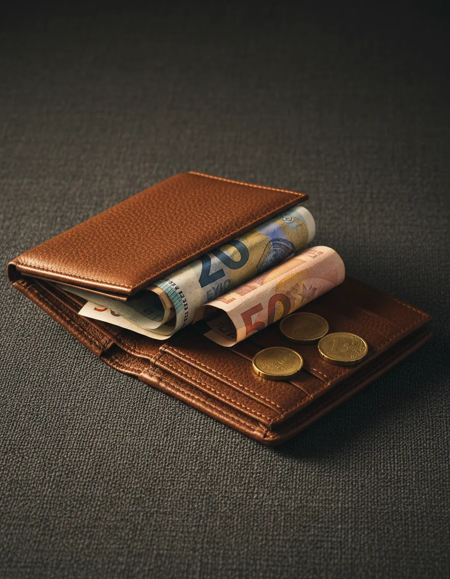 Hochwertiges Lifestyle-Foto mit Euro-Portemonnaie im europäischen Kontext