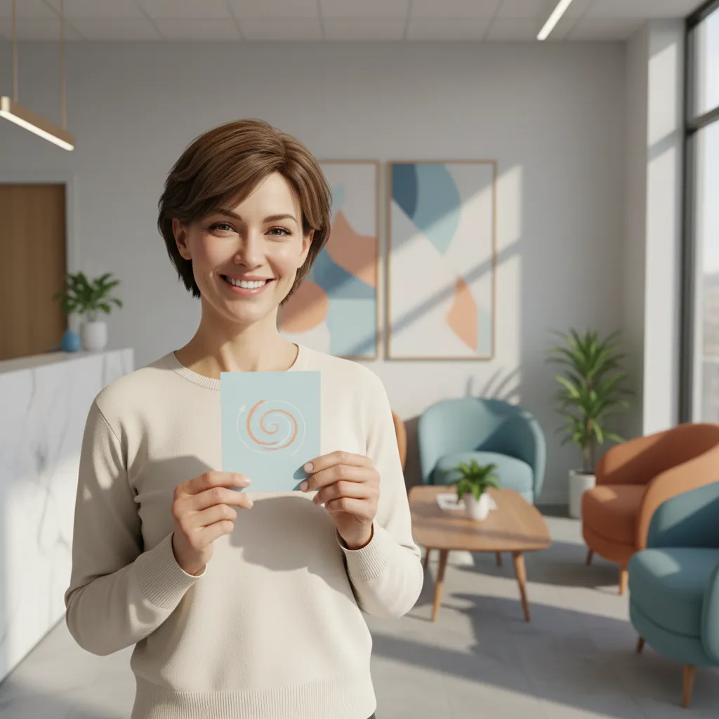 A smiling client standing in the clinic reception, holding a thank-you card. The background shows a welcoming, modern waiting area with blue and orange accents, reflecting satisfaction and gratitude.