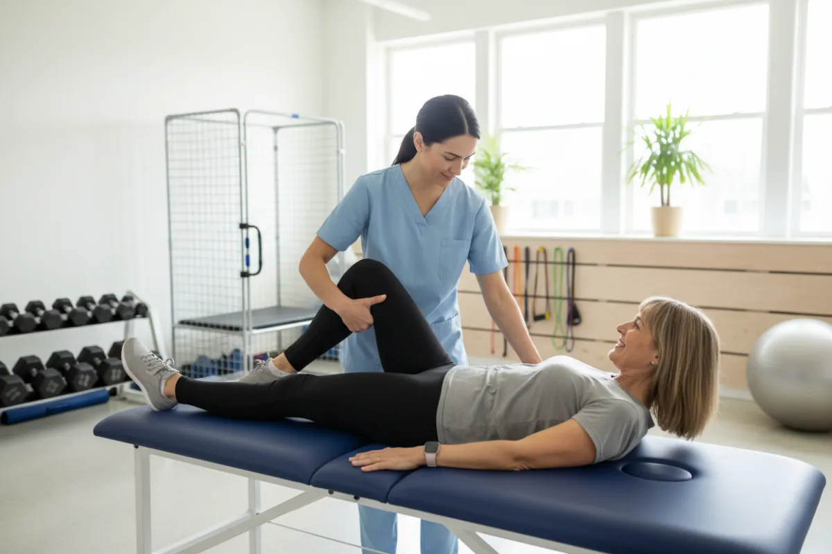 Un physiothérapeute guidant un patient dans un exercice d'étirement dans une clinique moderne et lumineuse.