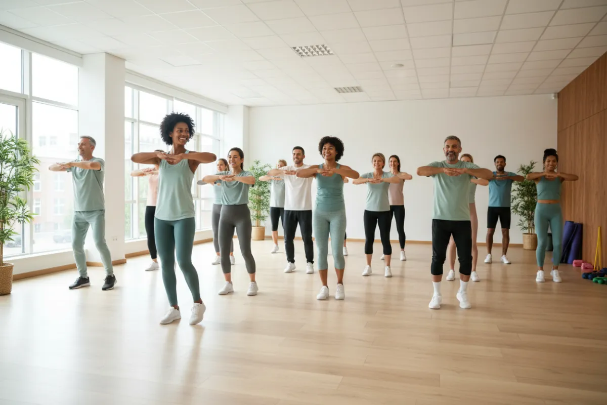 A diverse group of adults participating in a group exercise class indoors, led by a smiling instructor. The room is bright and modern, emphasizing community and healthy habits.