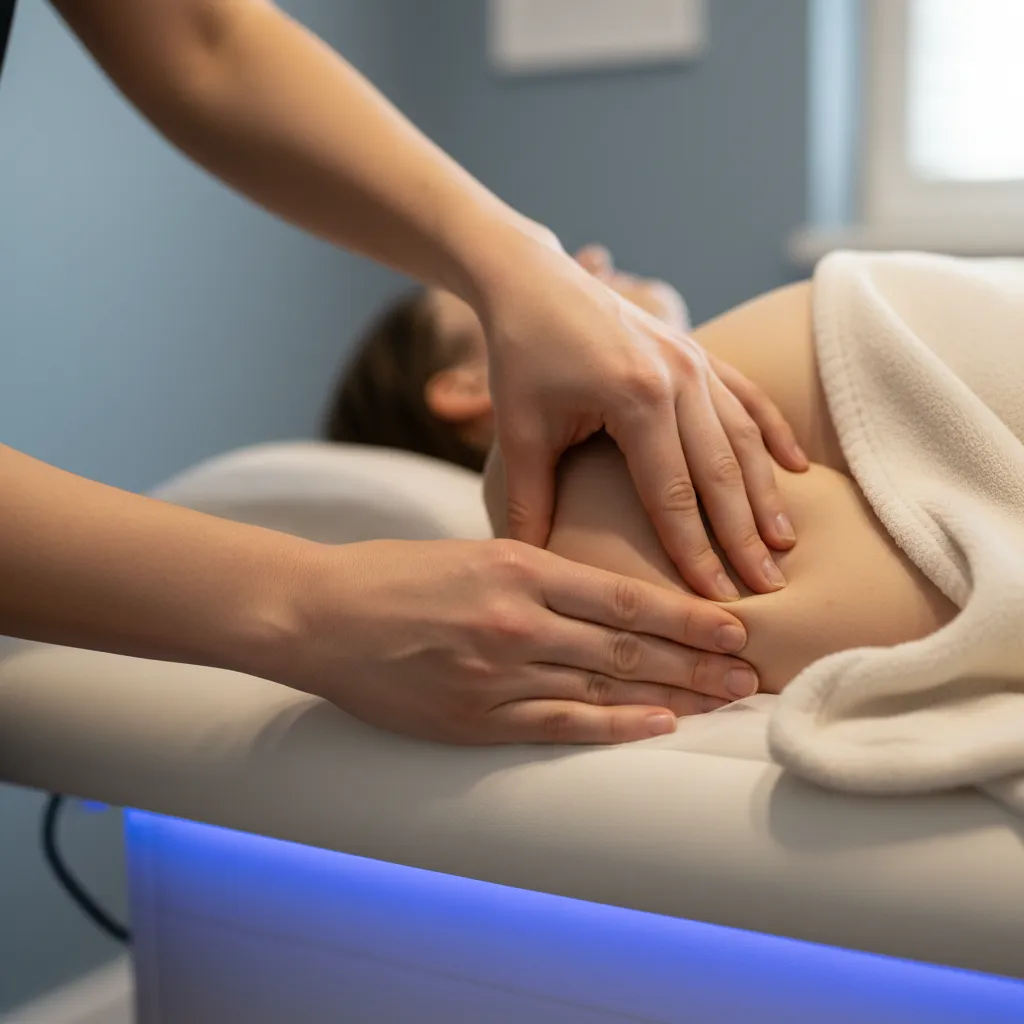 Un physiothérapeute effectuant un traitement manuel de l'épaule.