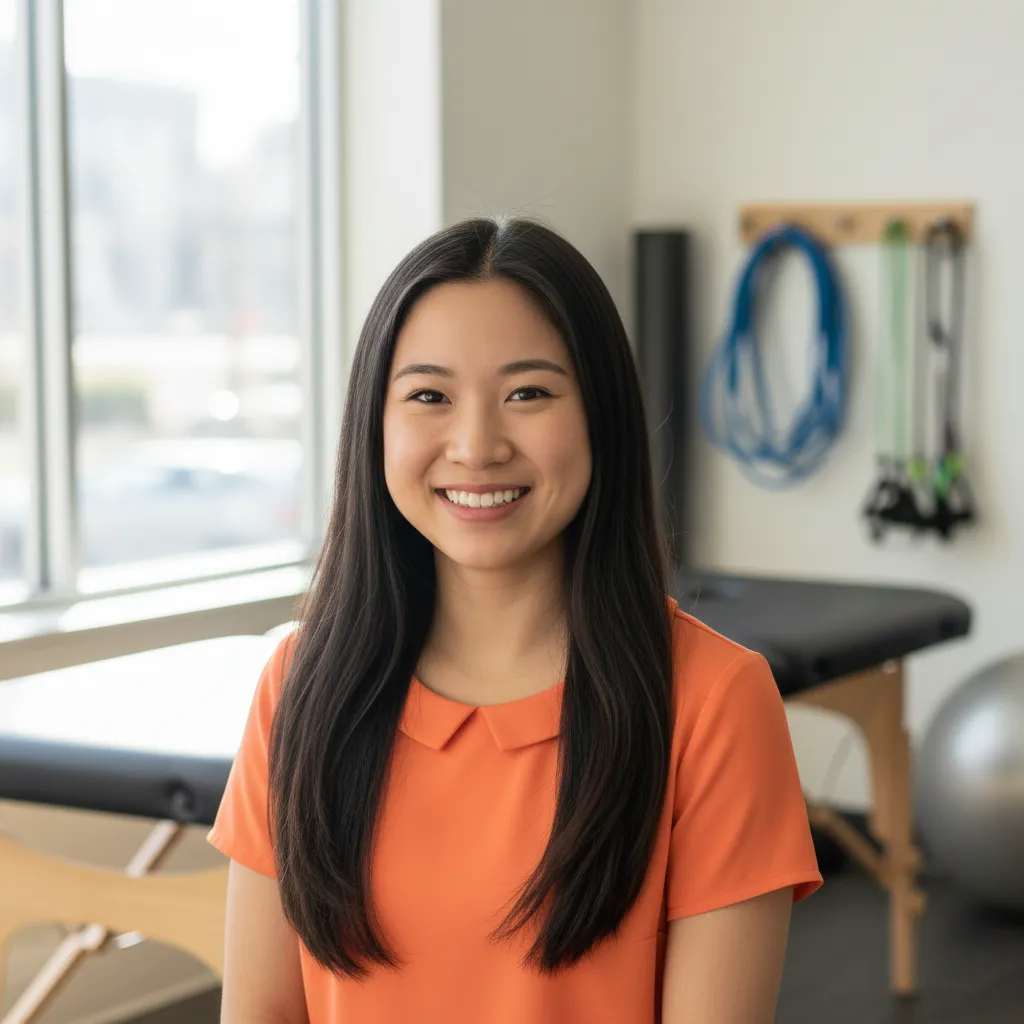 Headshot of Emily Tran, Sports Injury Specialist, smiling with exercise equipment in the background.