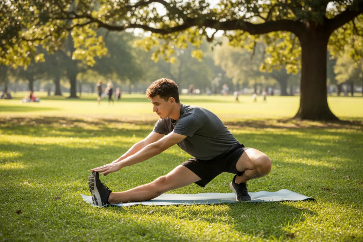 A young man in athletic wear demonstrating a hamstring stretch in a sunlit park. The background features green grass and trees, with a focus on proper form and outdoor wellness.