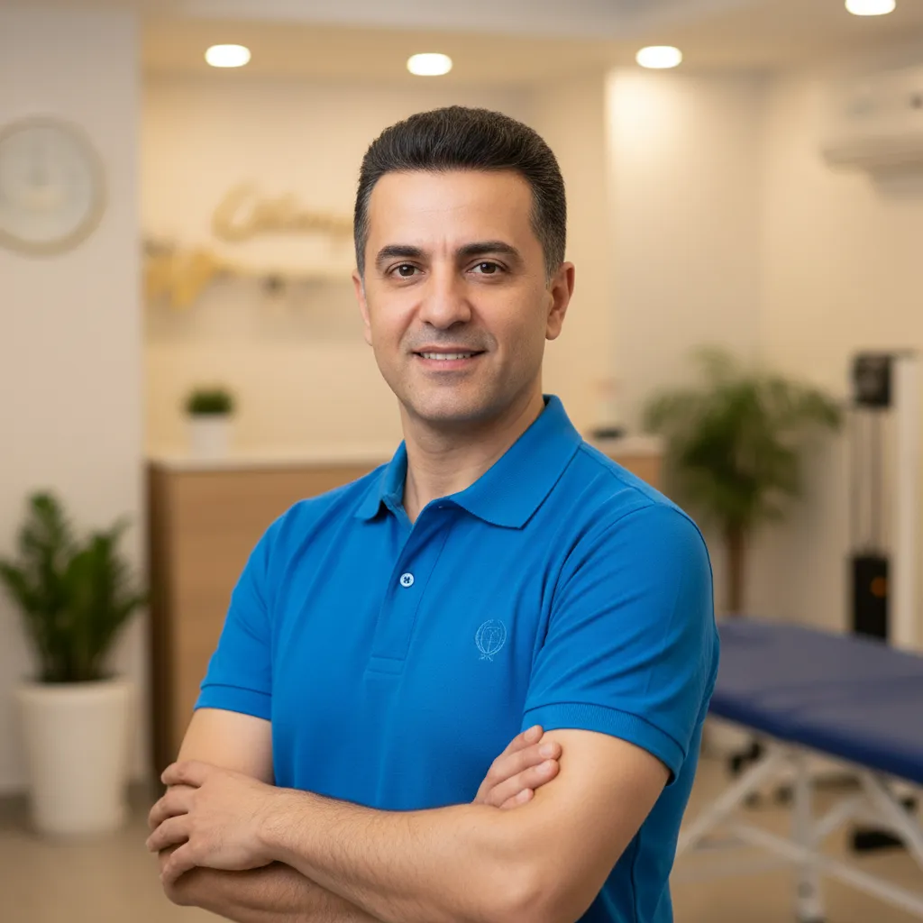 Headshot of Dr. Amir Darvish, Lead Physiotherapist, smiling in a clinic setting.