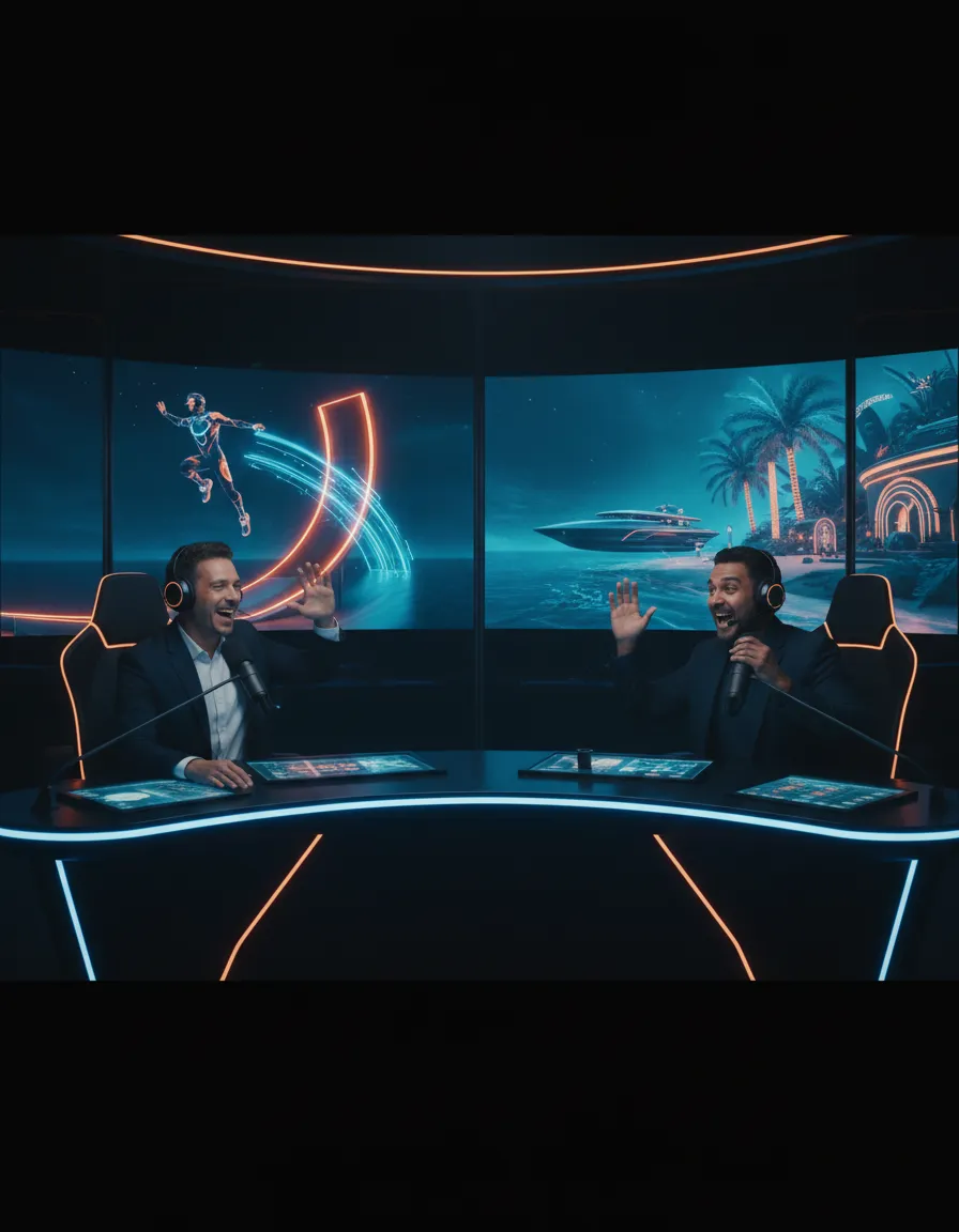 Live broadcast commentators reacting to The Compound Climb finish with the dream future scene visible on the massive LED screen in the background