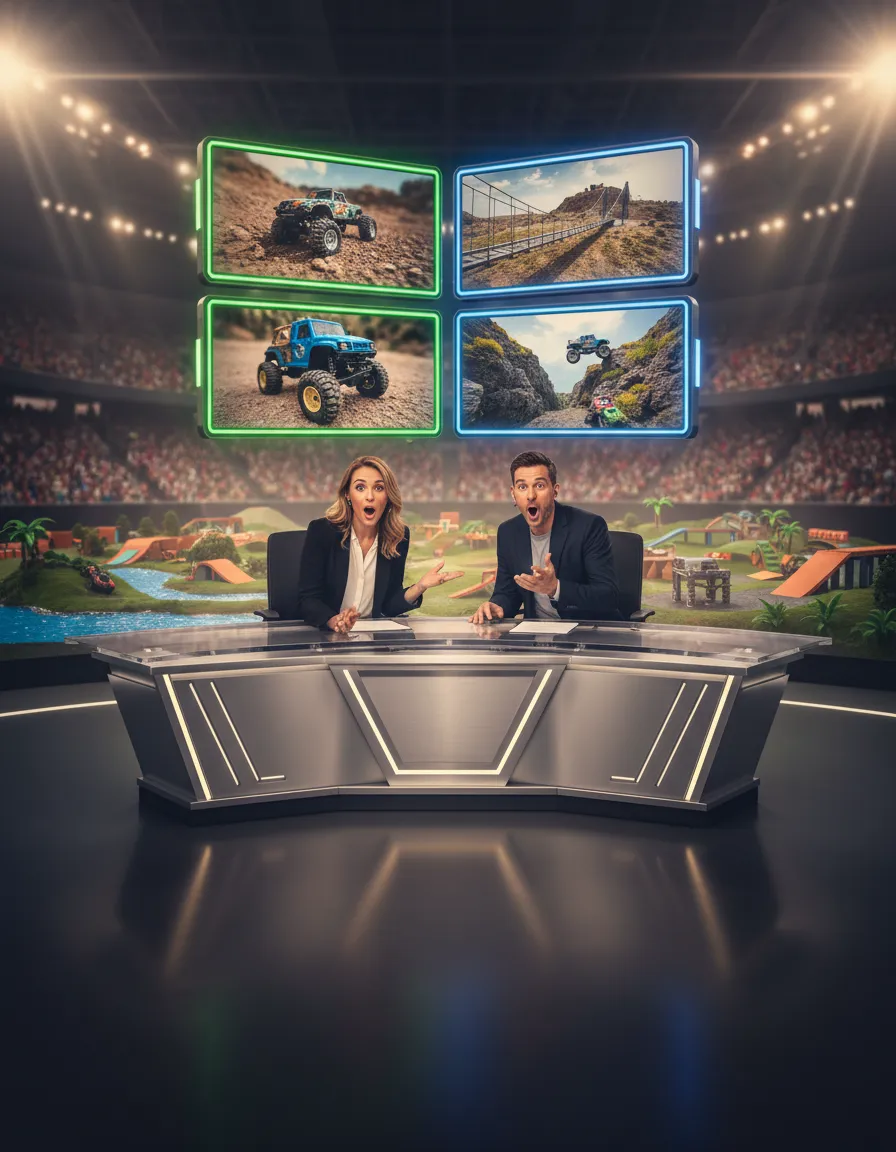 Commentators reacting to four live vehicle-camera feeds while the race continues behind them.