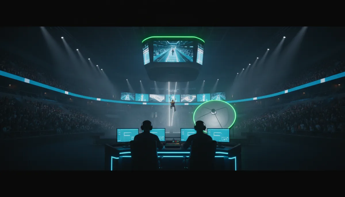 Commentators watching the hook connect as another competitor crosses the arena on the zip line