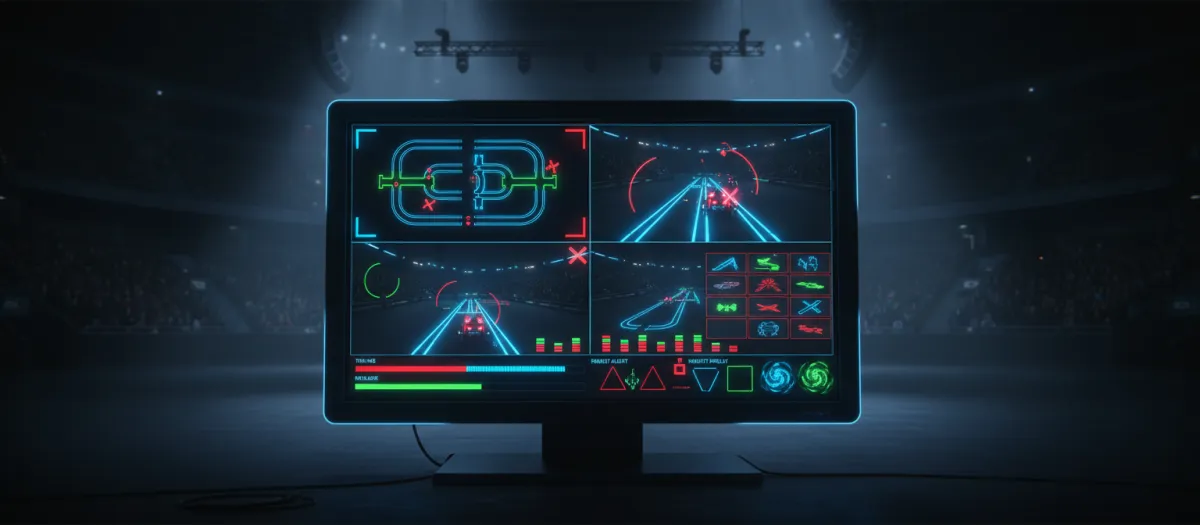 A massive, full-bleed single image of a professional broadcast screen mockup showing an overhead map, tracking markers, target hit graphics, and live leaderboards.