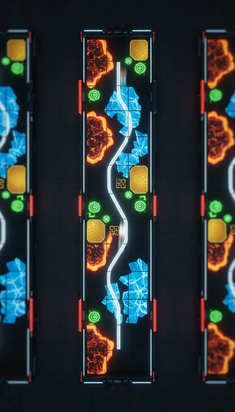 Bird's eye view of the interactive LED arena floor showing four lanes with digital hazards, safe zones, and target stations.