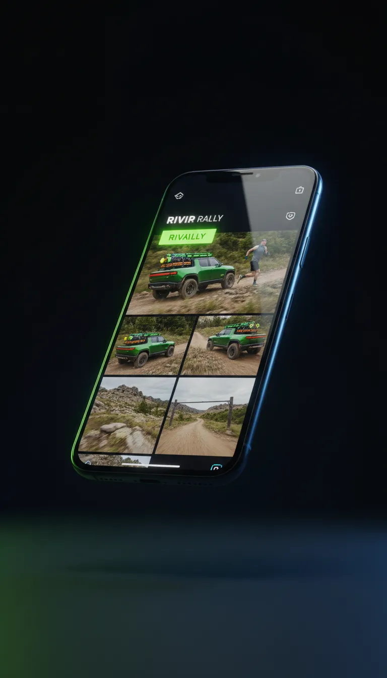 Smartphone playing a dynamic highlight reel of Rivian Rally