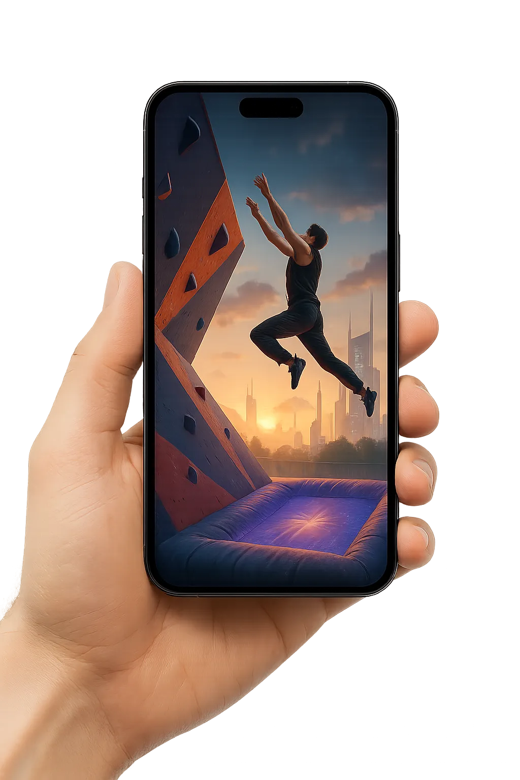 High-end smartphone mockup displaying a finished Compound Climb highlight reel