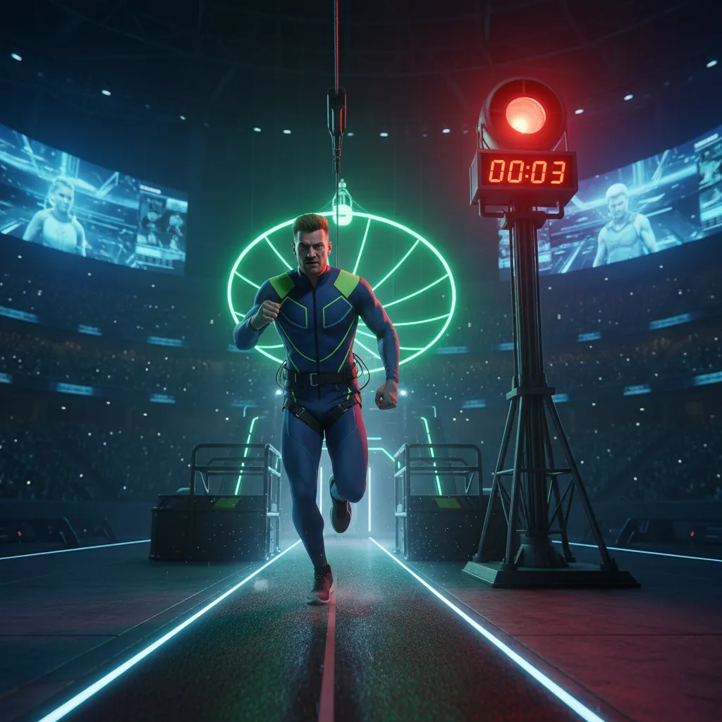 Competitor sprinting from the zip-line landing zone toward the flashing emergency beacon