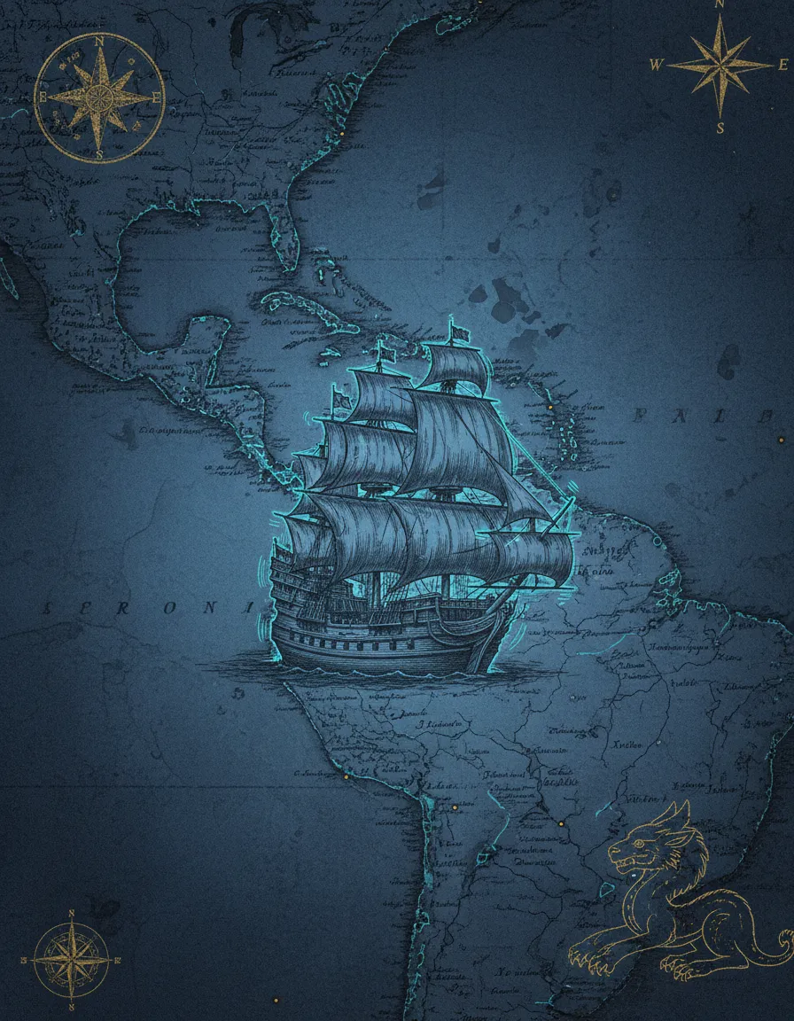 Historic Spanish galleon engraving over an antique Caribbean chart