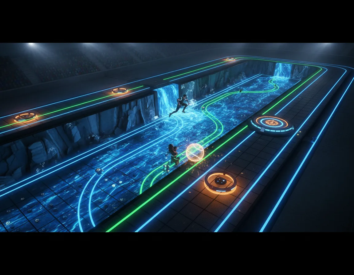 Arena floor presenting rivers and cliffs obstacles
