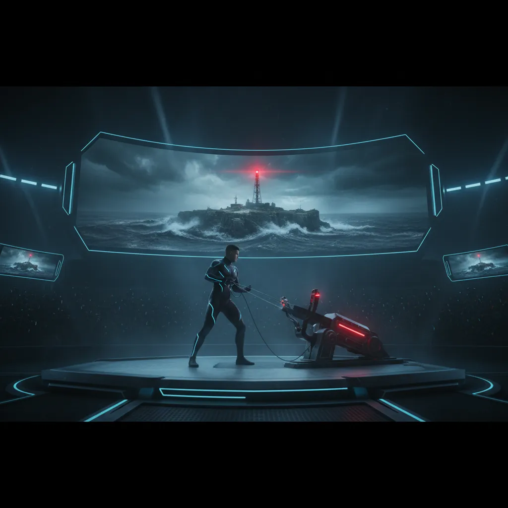 Arena screens displaying a remote-island emergency scene as competitor prepares to launch signal