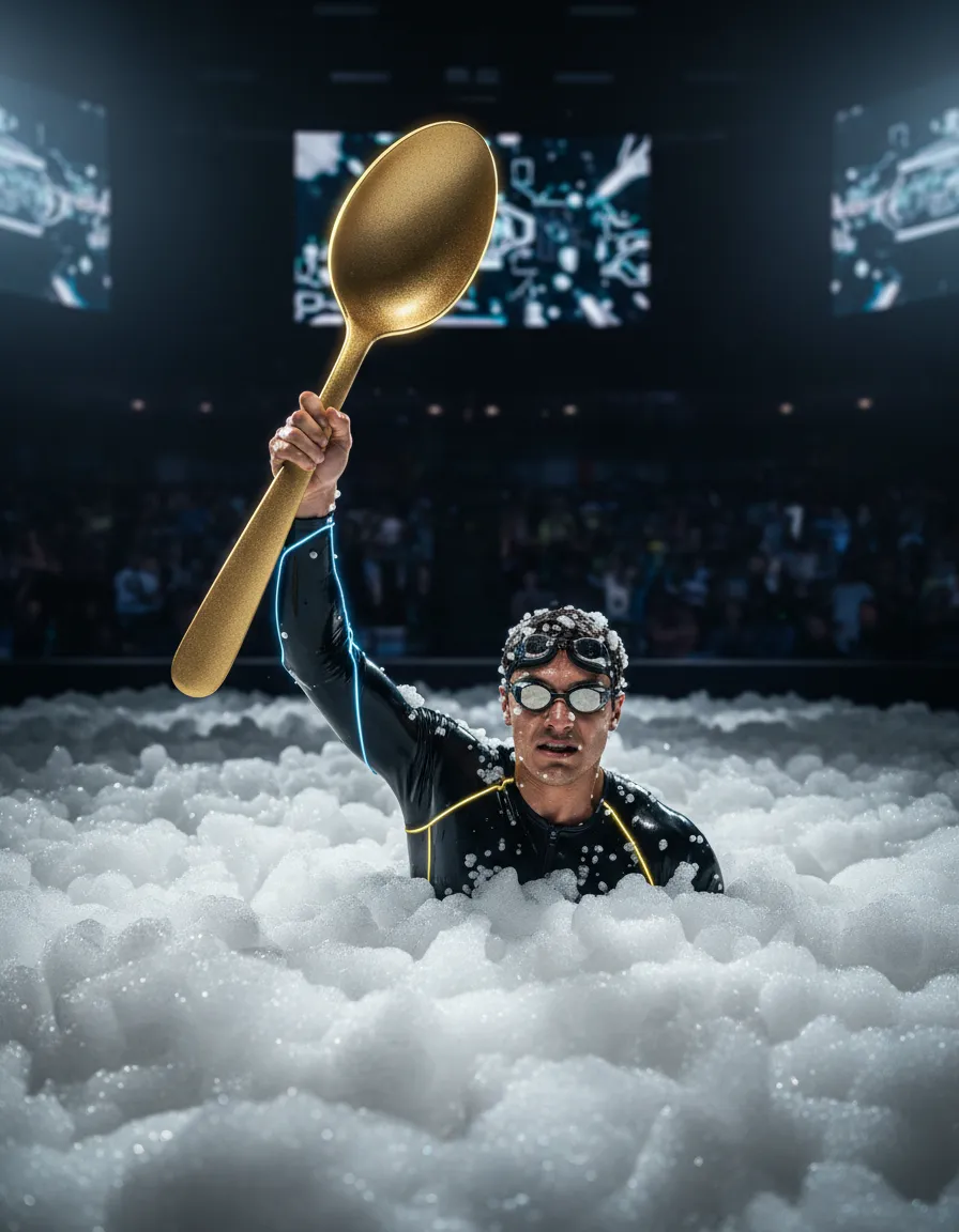 Competitor reaching for the gold spoon while submerged in white foam