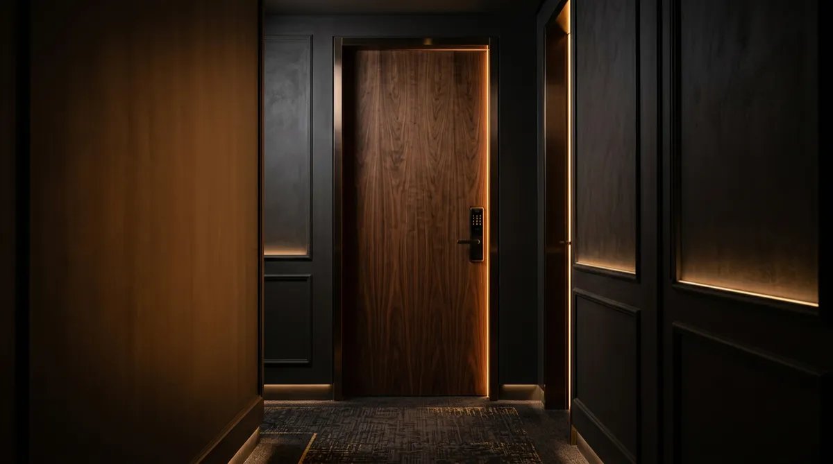 Architectural fire-rated solid timber door in hotel corridor setting
