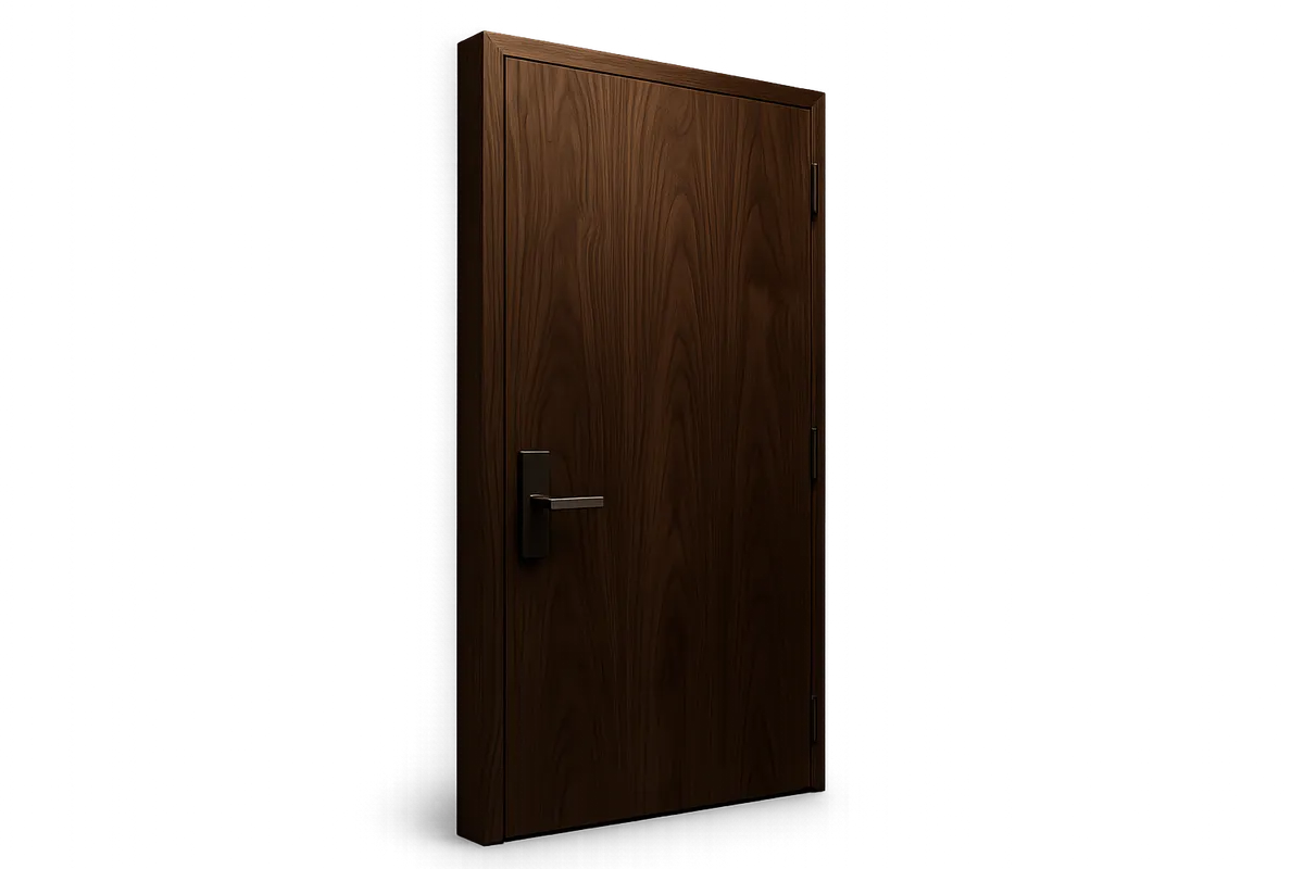 Architectural walnut hotel guestroom fire-rated door installed in luxury commercial corridor