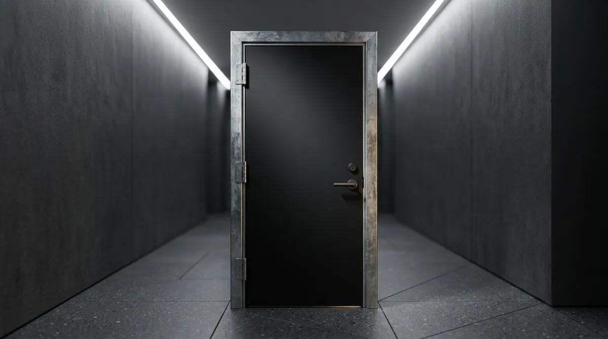 Flush architectural fire door installed in high-end apartment building corridor