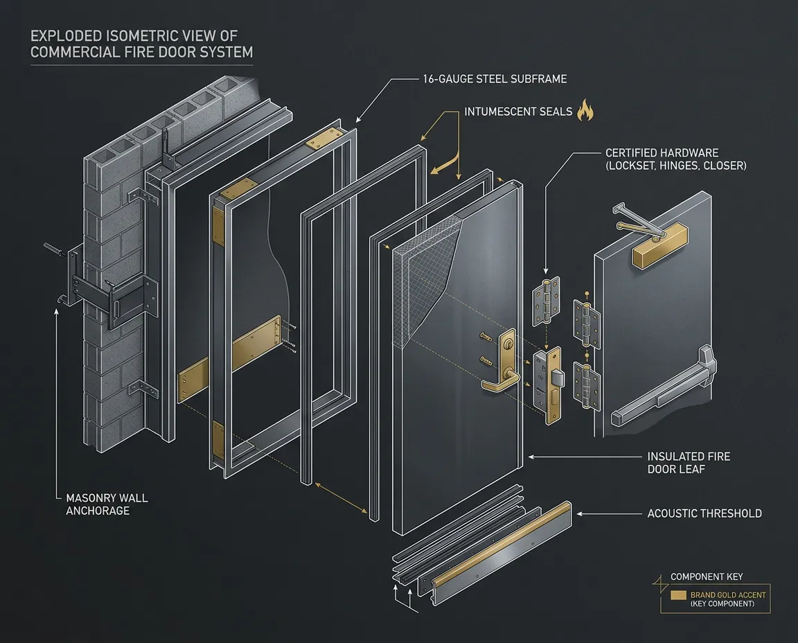 Exploded diagram showing coordinated fire door layers including mineral core, steel sub-frame, intumescent seals, and certified architectural hardware