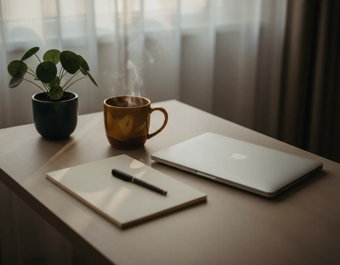 Calm workspace with nature elements and a notebook