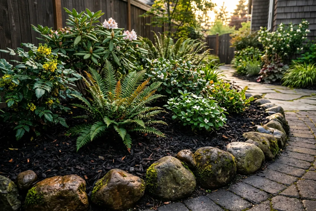 Native planting bed installation with fresh dark bark mulch and stone borders