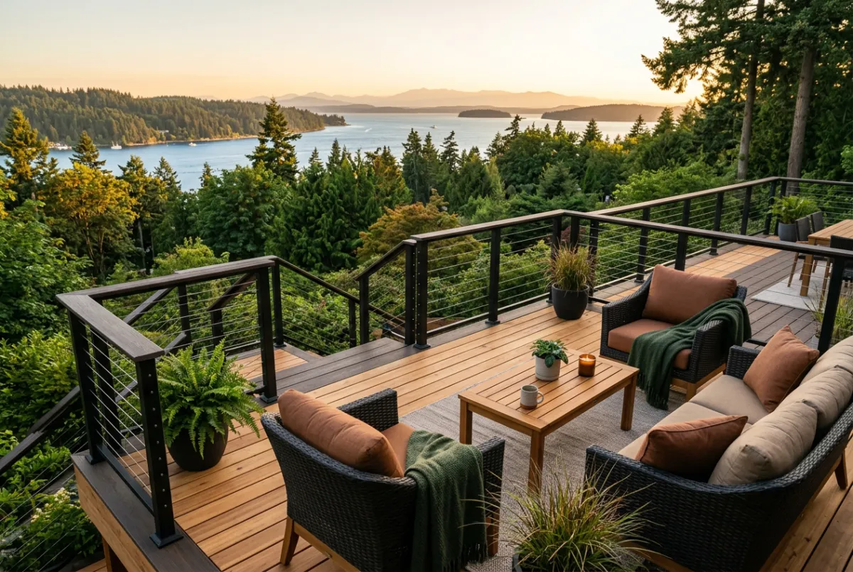 Elevated cedar and composite outdoor deck with integrated railing and forest views