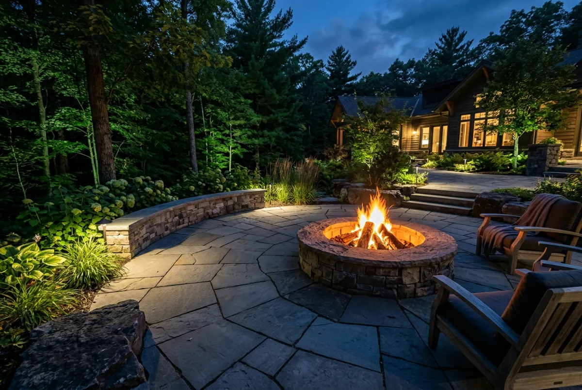 Custom stone paver patio and retaining wall in a private backyard