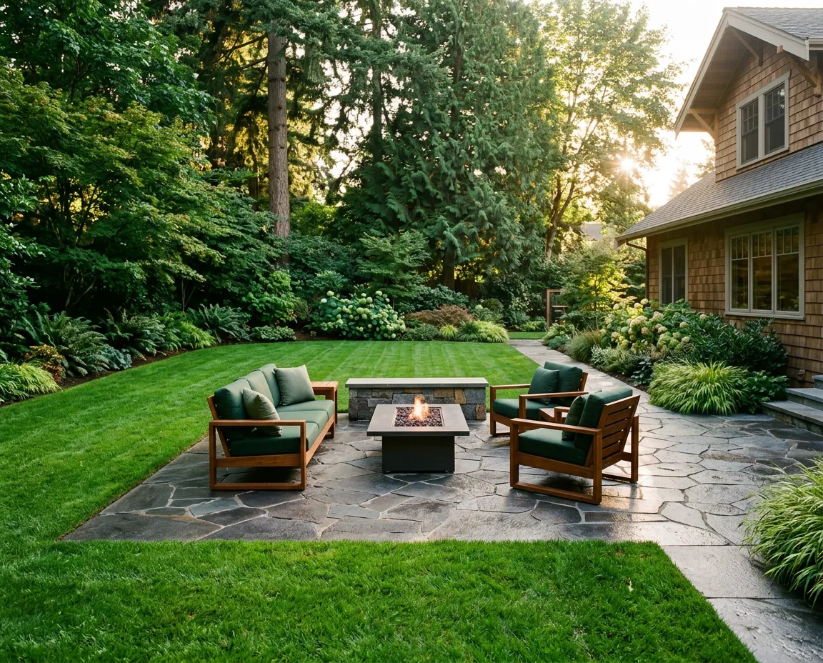 Impeccably maintained Northwest residential lawn and stone patio landscape