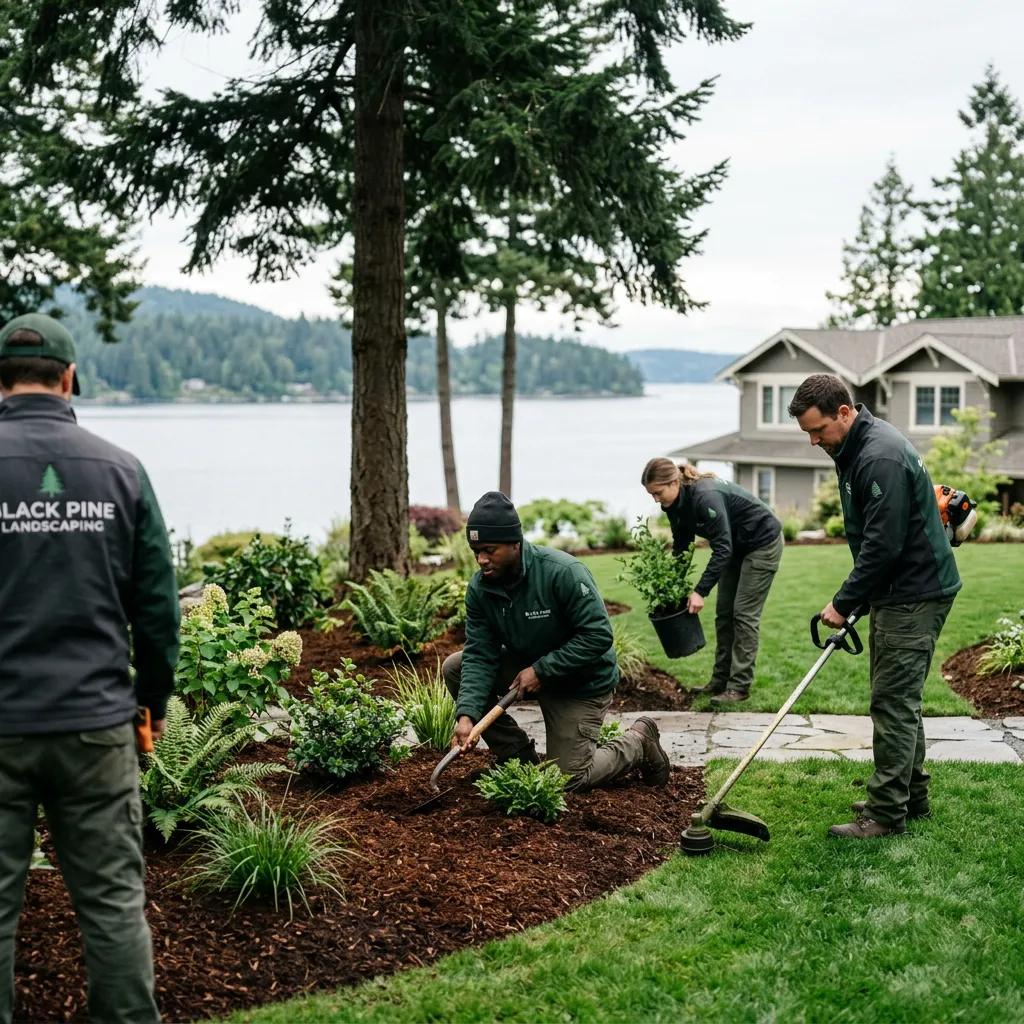 Professional Black Pine landscaping crew working on a Pacific Northwest residential lawn and garden