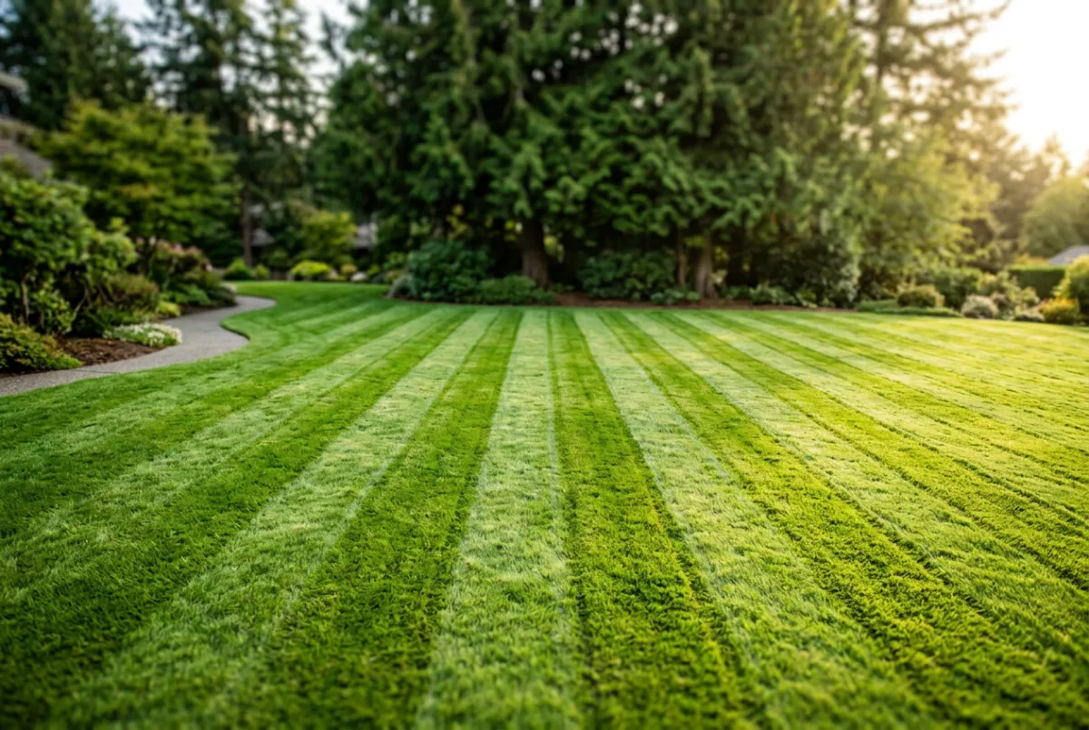 Lawn maintenance with precision striping in a lush residential yard